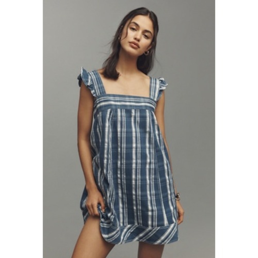 Pilcro Lakeside Swing Mini Dress Womens M Blue Plaid Ruffle Pocket OB2215350